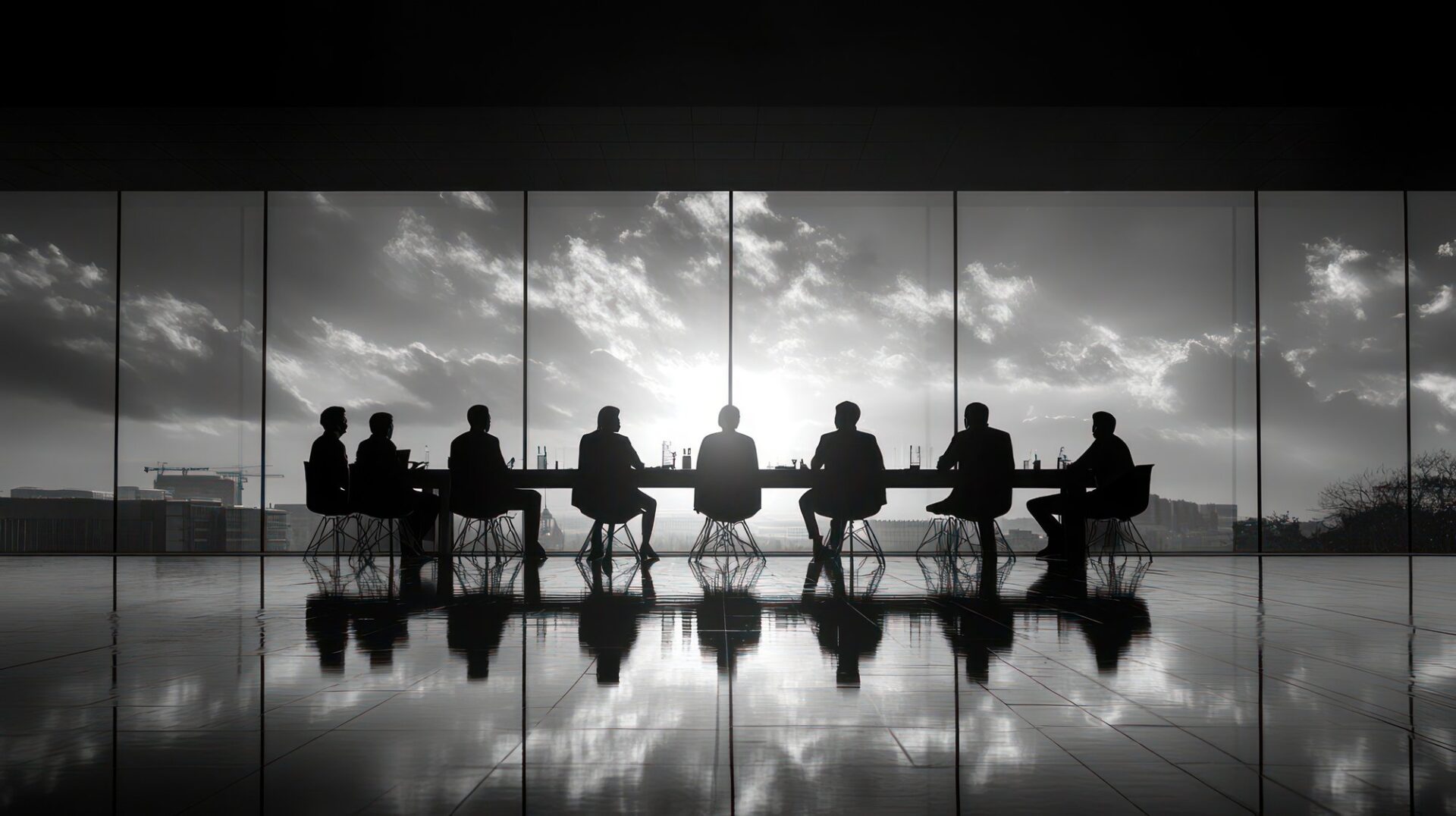 Silhouettes of business people around a boardroom table