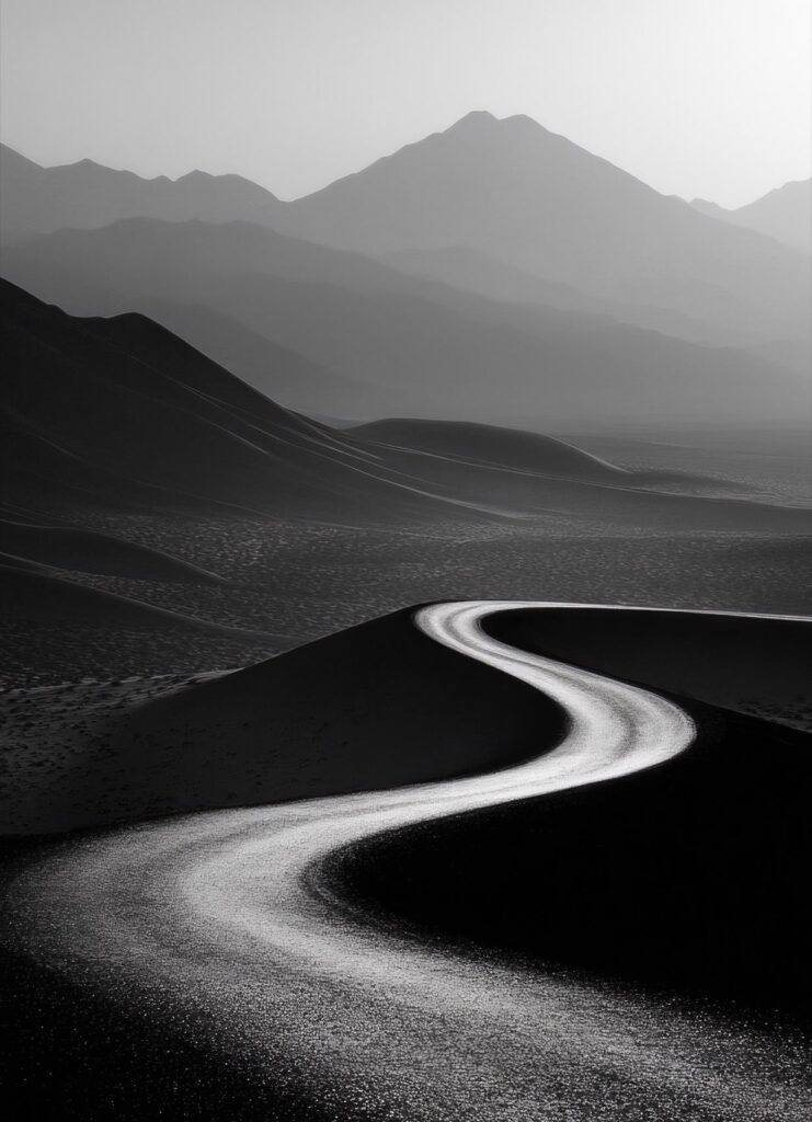 A winding road through a dark desert landscape